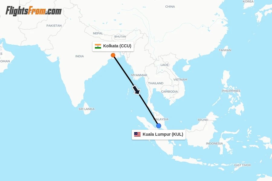 Flights from Kolkata to Kuala Lumpur route map
