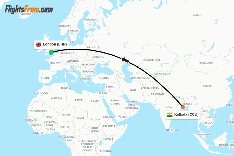 Flights from Kolkata to London route map