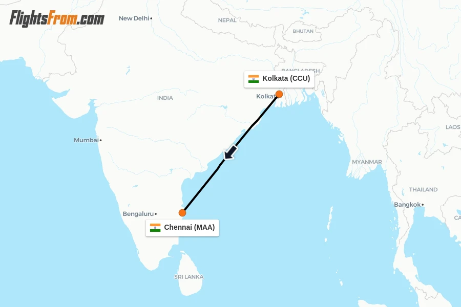 Flights from Kolkata to Chennai route map