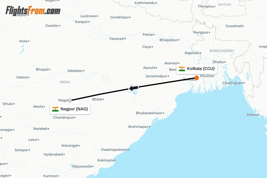Flights from Kolkata to Nagpur route map