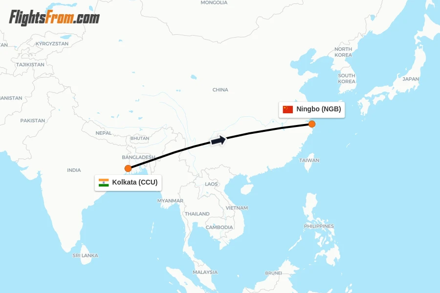 Flights from Kolkata to Ningbo route map
