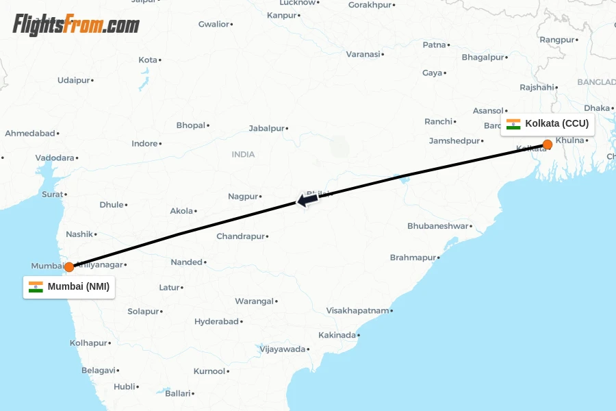 Flights from Kolkata to Mumbai route map