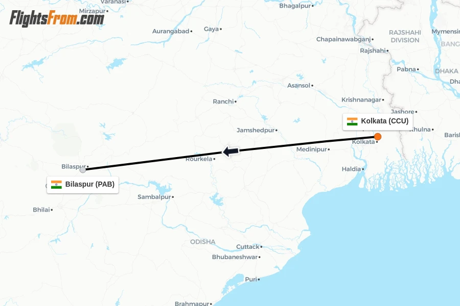 Flights from Kolkata to Bilaspur route map