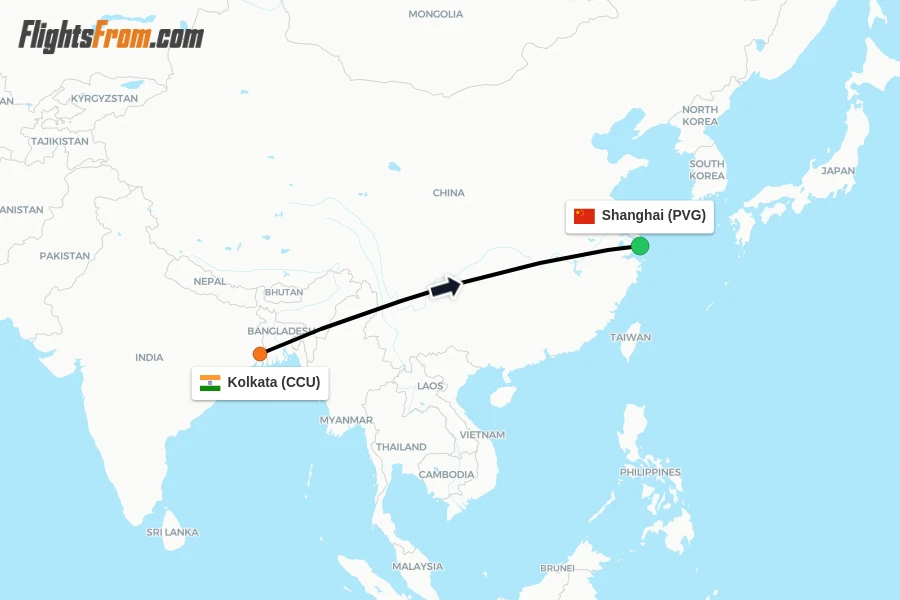 Flights from Kolkata to Shanghai route map