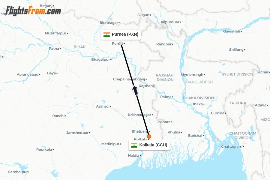 Flights from Kolkata to Purnea route map