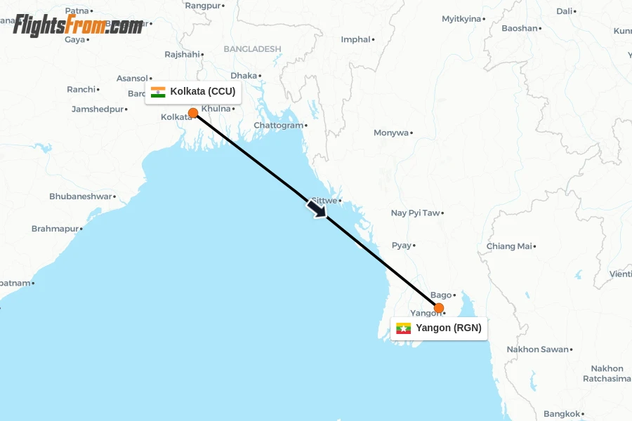 Flights from Kolkata to Yangon route map