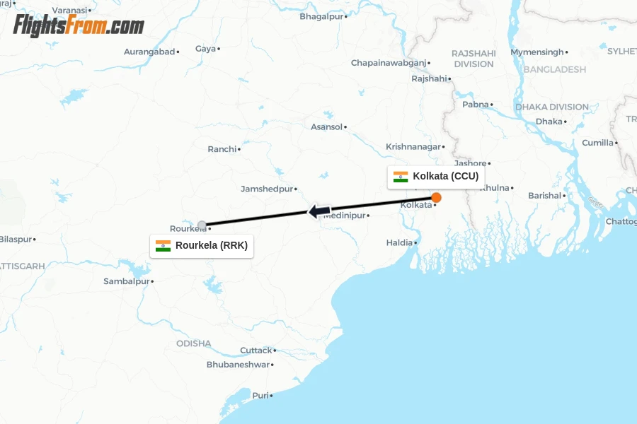 Flights from Kolkata to Rourkela route map