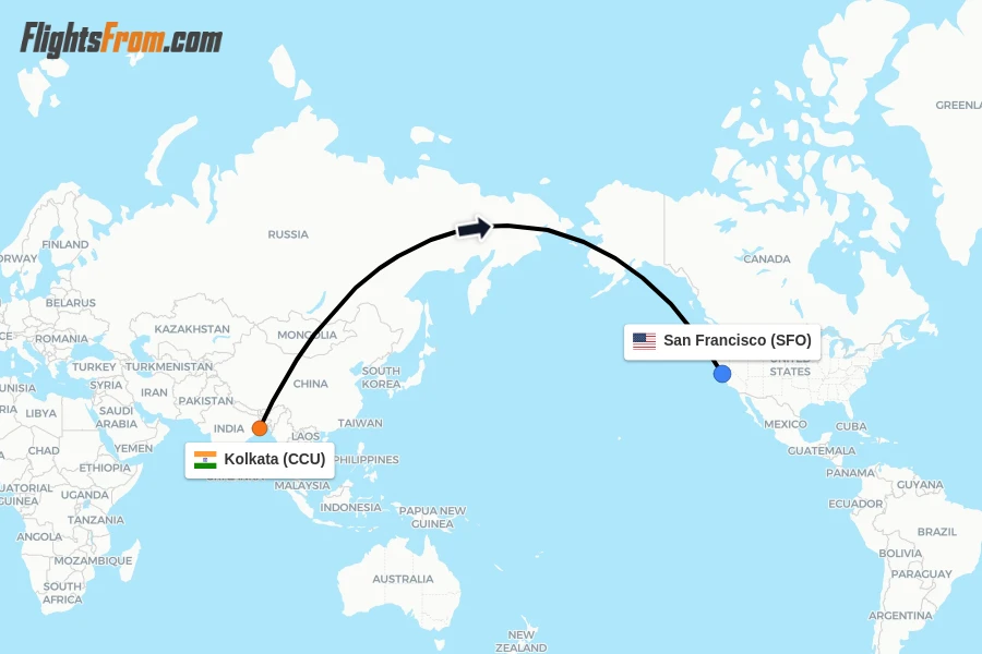 Flights from Kolkata to San Francisco route map