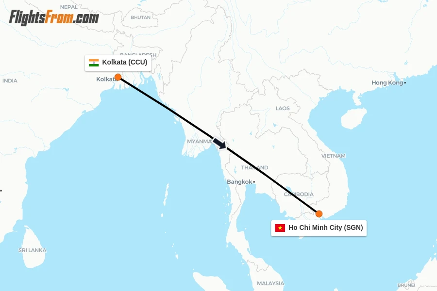 Flights from Kolkata to Ho Chi Minh City route map