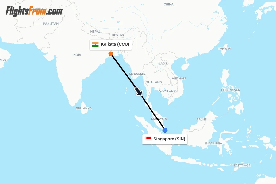 Flights from Kolkata to Singapore route map