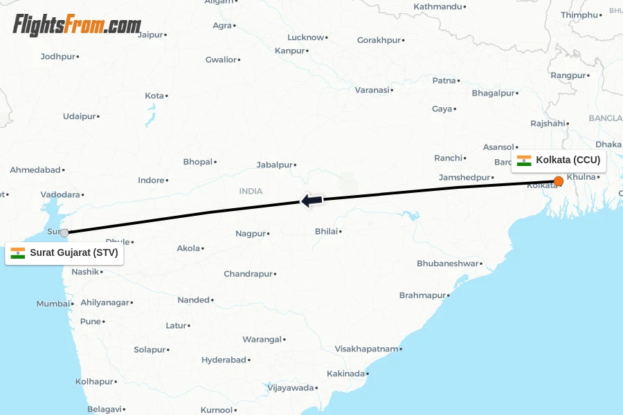 Flights from Kolkata to Surat Gujarat route map