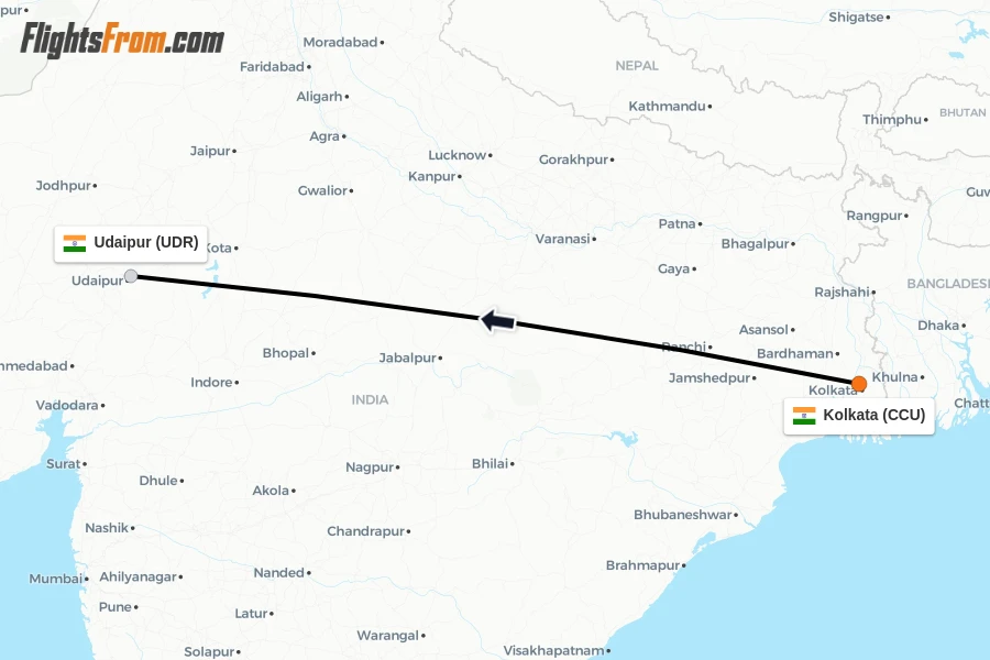 Flights from Kolkata to Udaipur route map