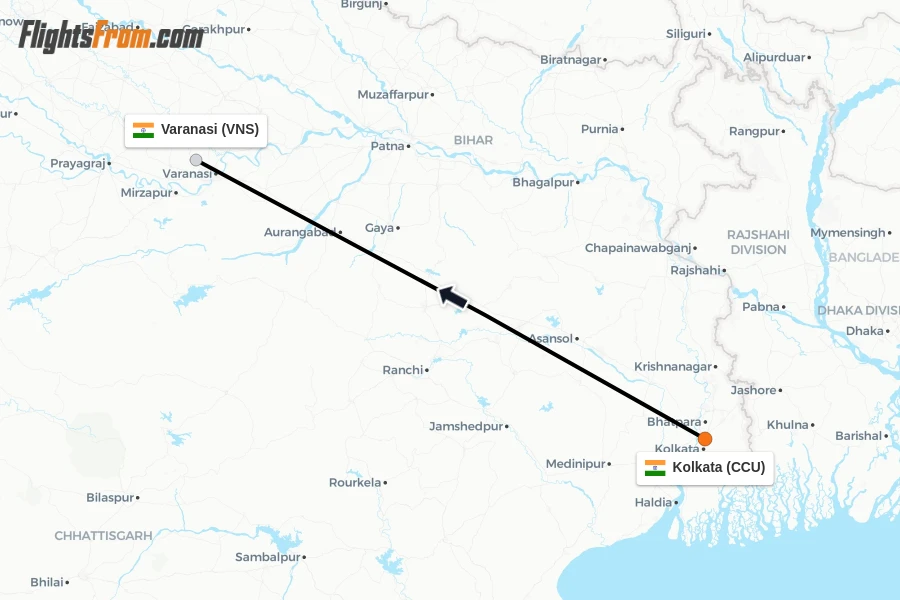 Flights from Kolkata to Varanasi route map