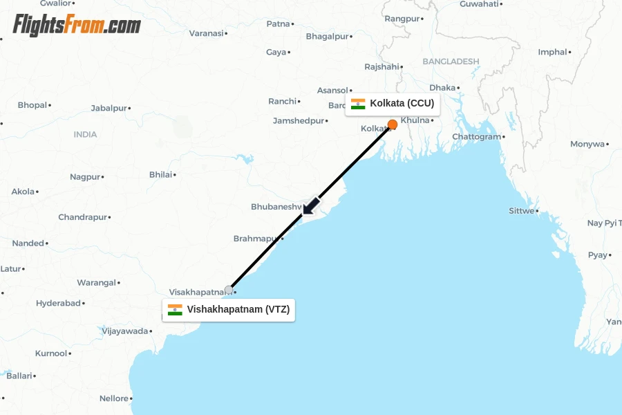 Flights from Kolkata to Vishakhapatnam route map