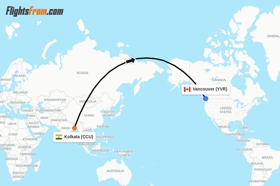Flights from Kolkata to Vancouver route map