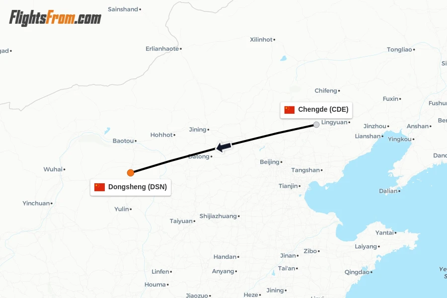 Flights from Chengde to Dongsheng route map