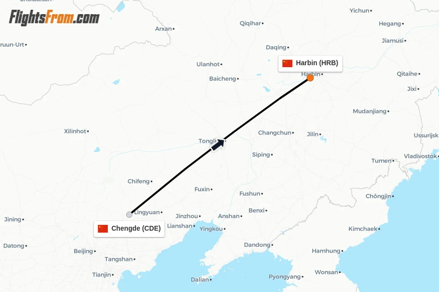 Flights from Chengde to Harbin route map