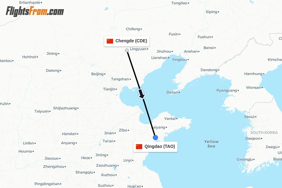 Flights from Chengde to Qingdao route map