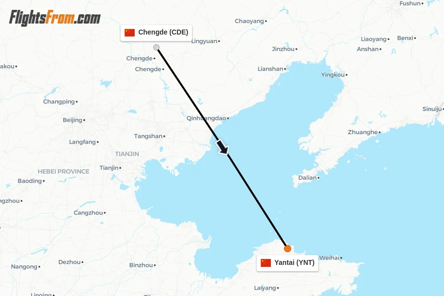 Flights from Chengde to Yantai route map