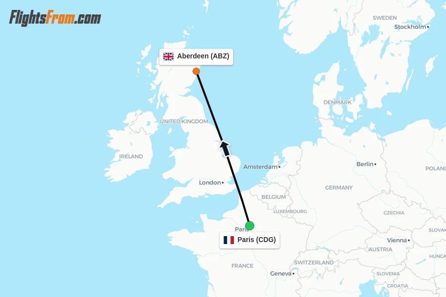 Flights from Paris to Aberdeen route map