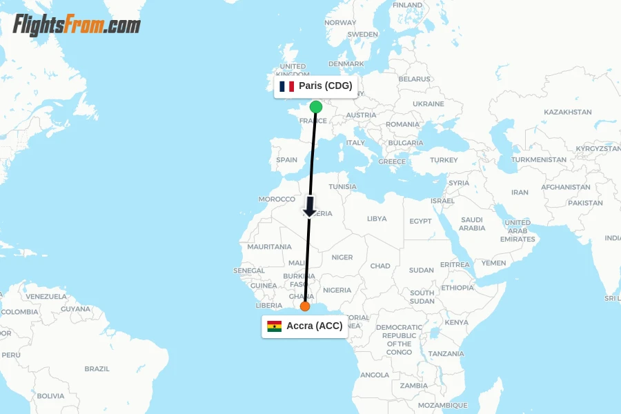 Flights from Paris to Accra route map