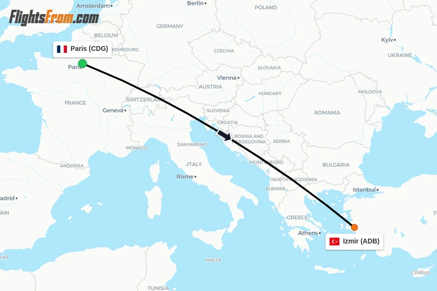 Flights from Paris to Izmir route map