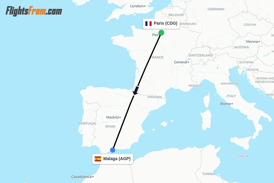 Flights from Paris to Malaga route map