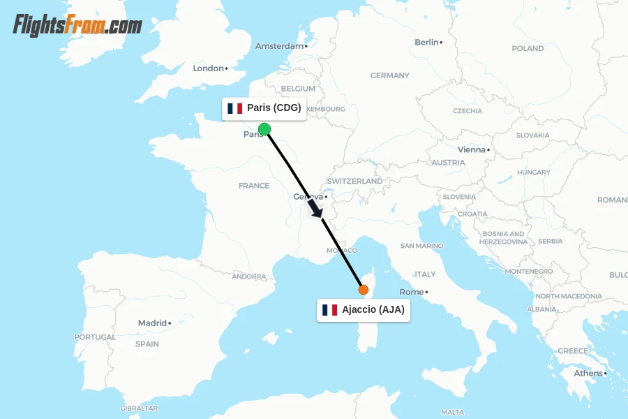 Flights from Paris to Ajaccio route map