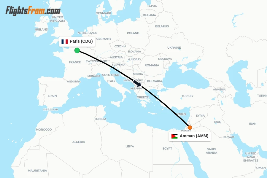 Flights from Paris to Amman route map