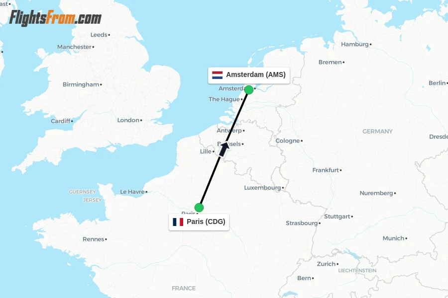 Flights from Paris to Amsterdam route map