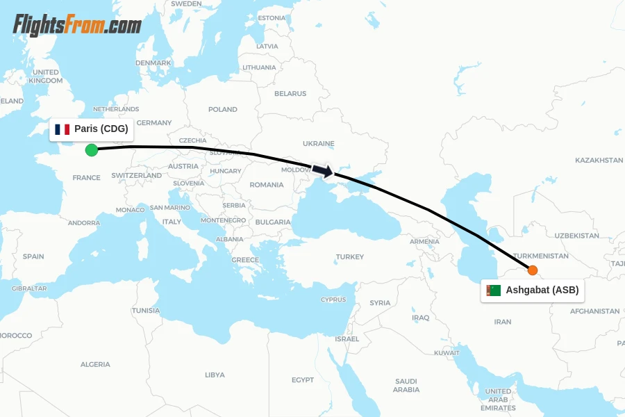 Flights from Paris to Ashgabat route map