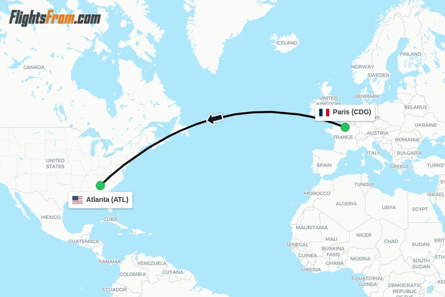 Flights from Paris to Atlanta route map