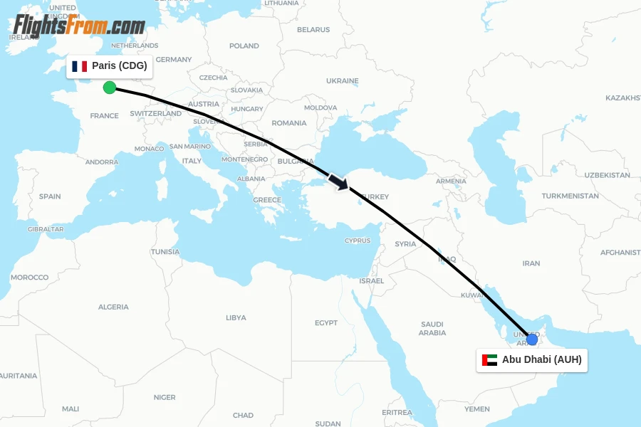 Flights from Paris to Abu Dhabi route map