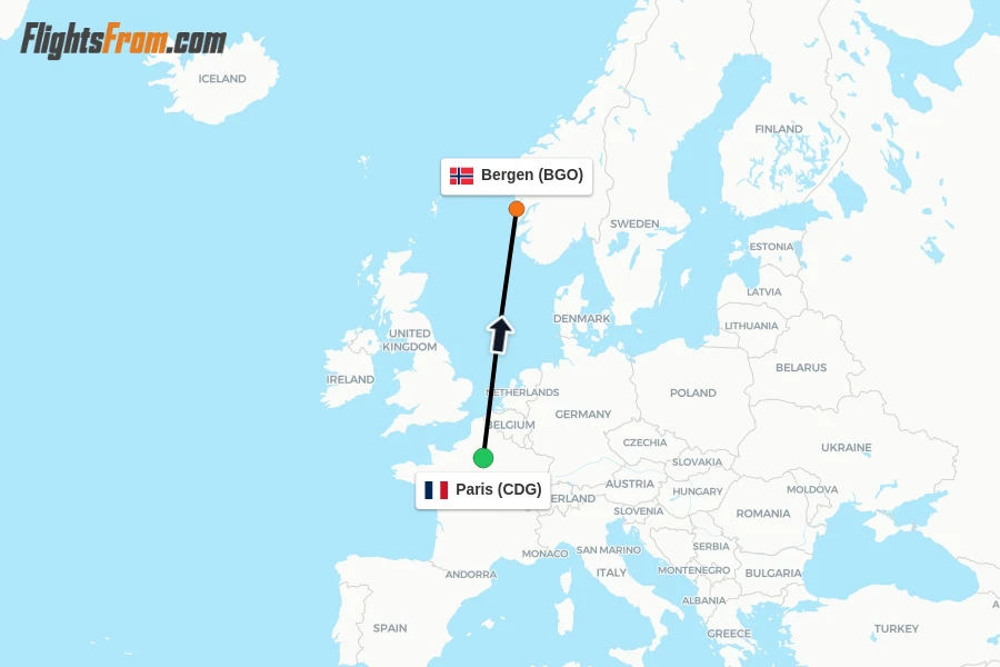 Flights from Paris to Bergen route map