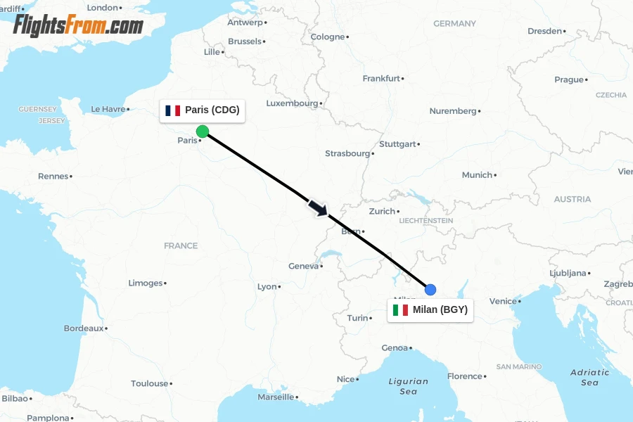 Flights from Paris to Milan route map
