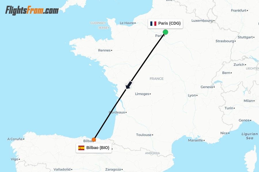 Flights from Paris to Bilbao route map