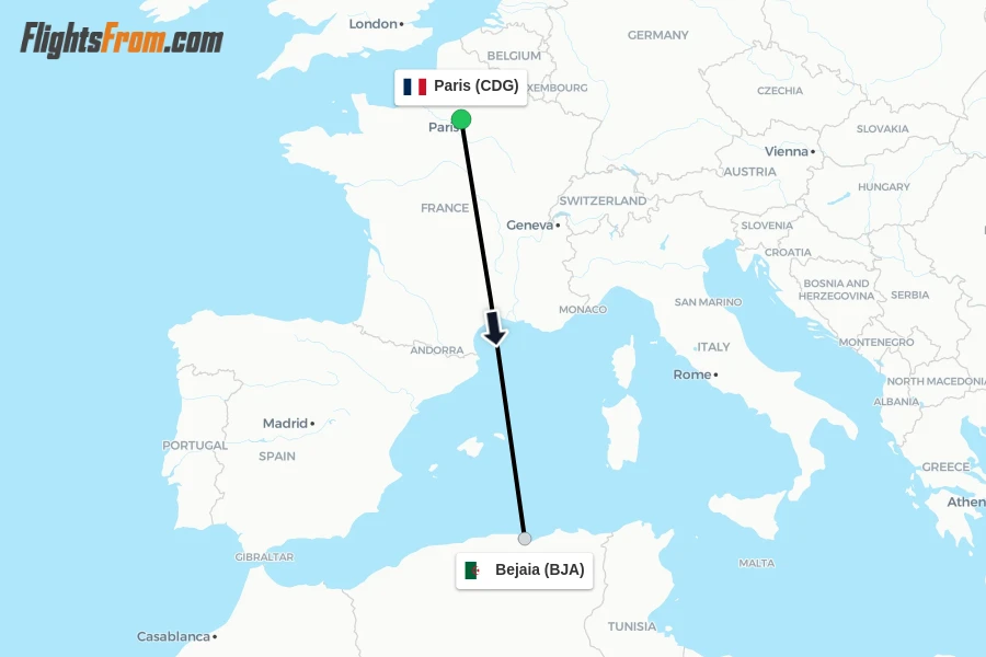 Flights from Paris to Bejaia route map