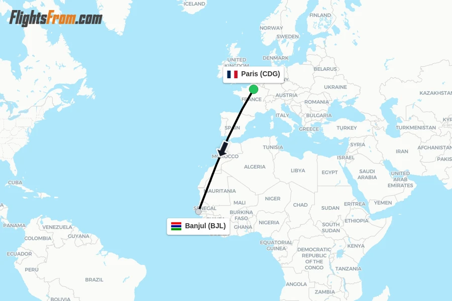 Flights from Paris to Banjul route map