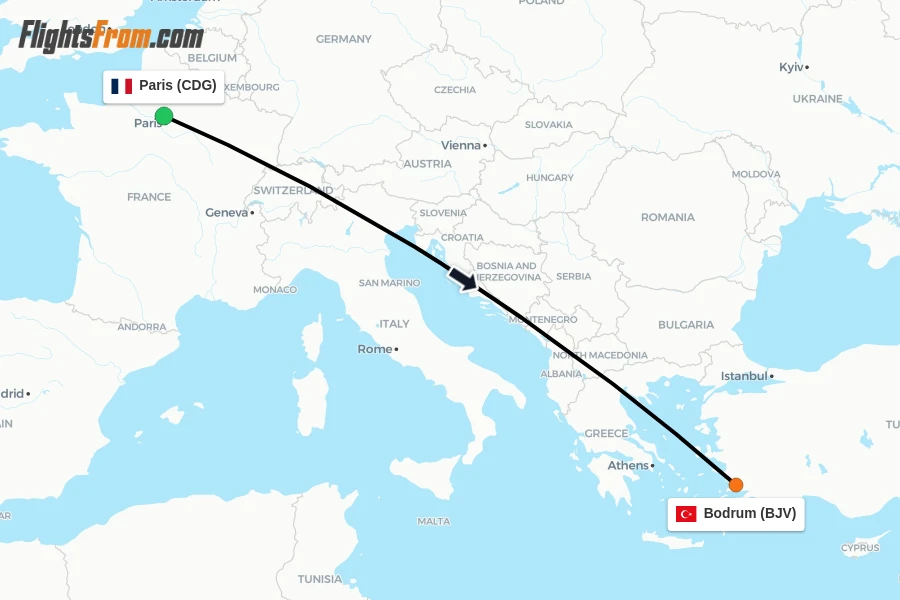 Flights from Paris to Bodrum route map