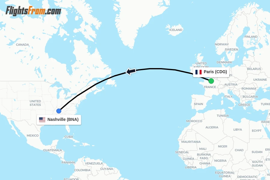 Flights from Paris to Nashville route map