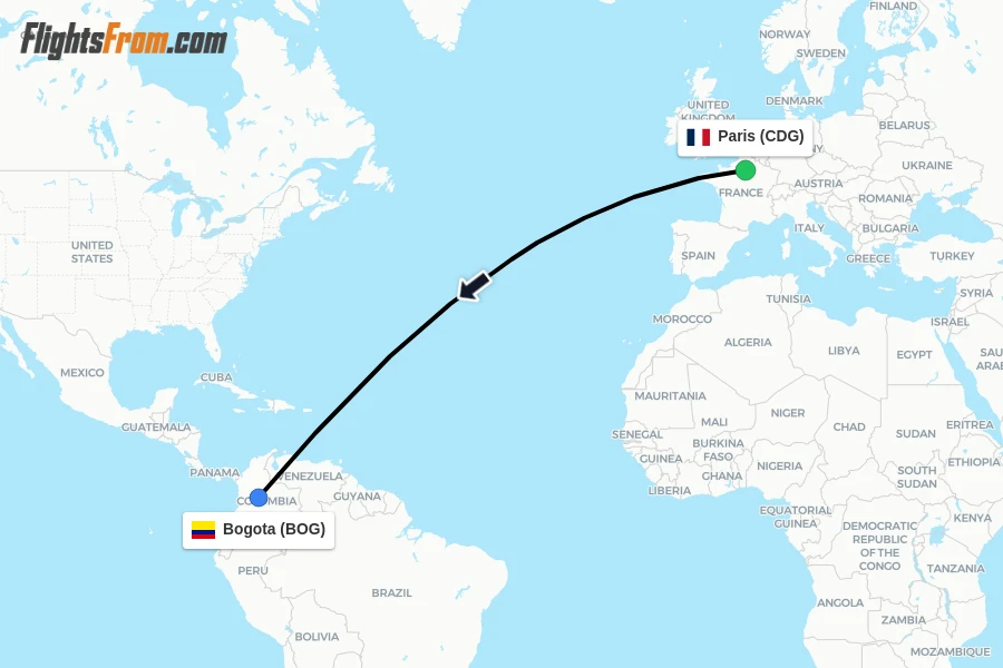 Flights from Paris to Bogota route map