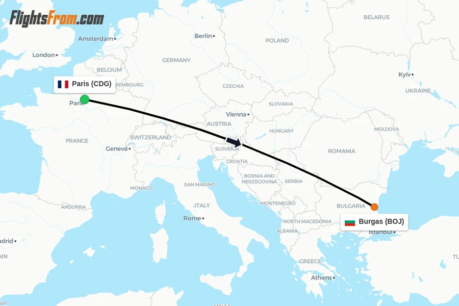 Flights from Paris to Burgas route map