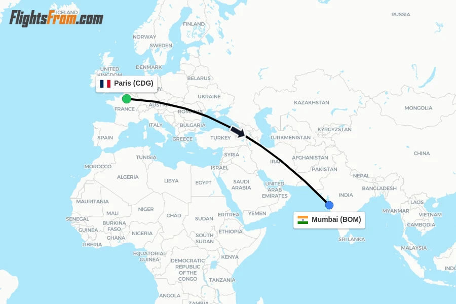 Flights from Paris to Mumbai route map