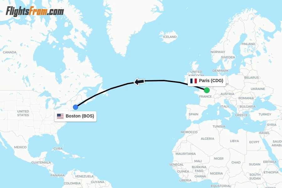 Flights from Paris to Boston route map