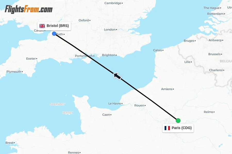 Flights from Paris to Bristol route map