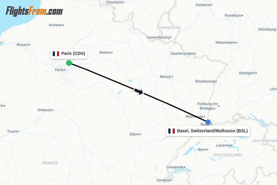Flights from Paris to Basel, Switzerland/Mulhouse route map