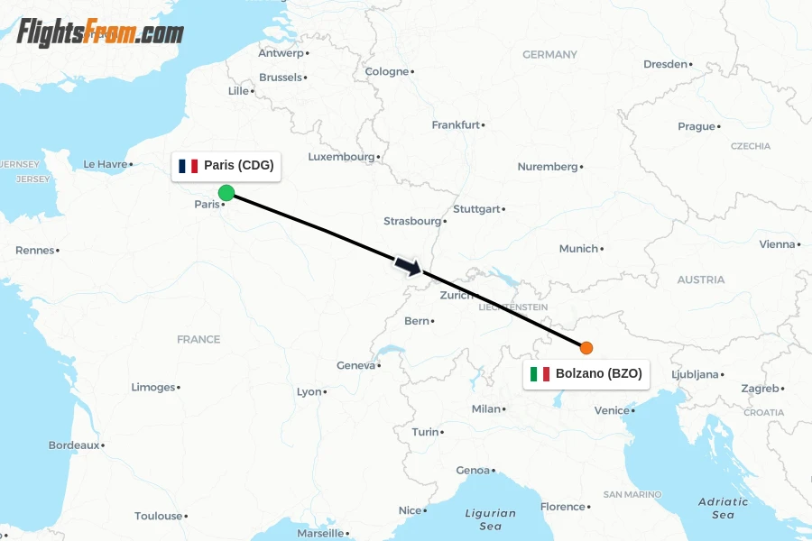 Flights from Paris to Bolzano route map