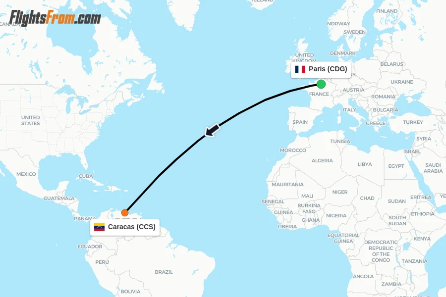 Flights from Paris to Caracas route map