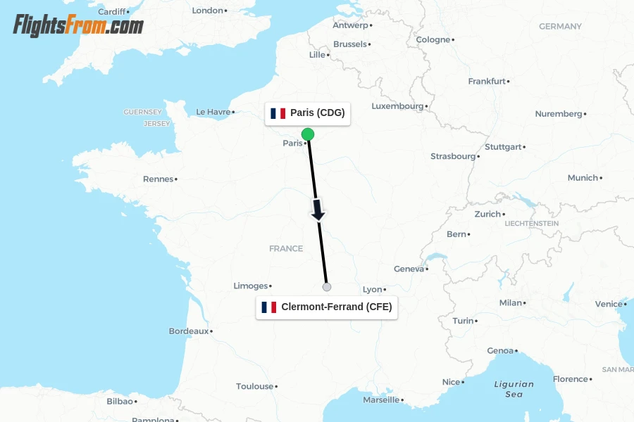Flights from Paris to Clermont-Ferrand route map
