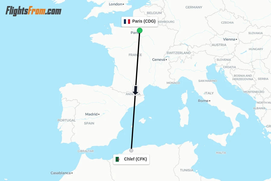 Flights from Paris to Chlef route map